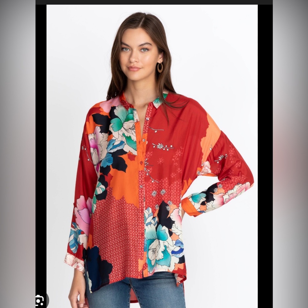 Johnny Was Red and Blue Embroidered Shirt